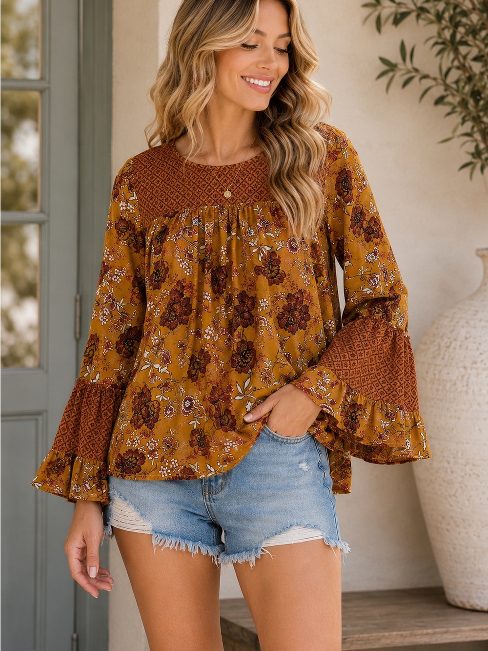 Jolt Mustard Floral Boho Bell Sleeve Blouse Small Peasant Top